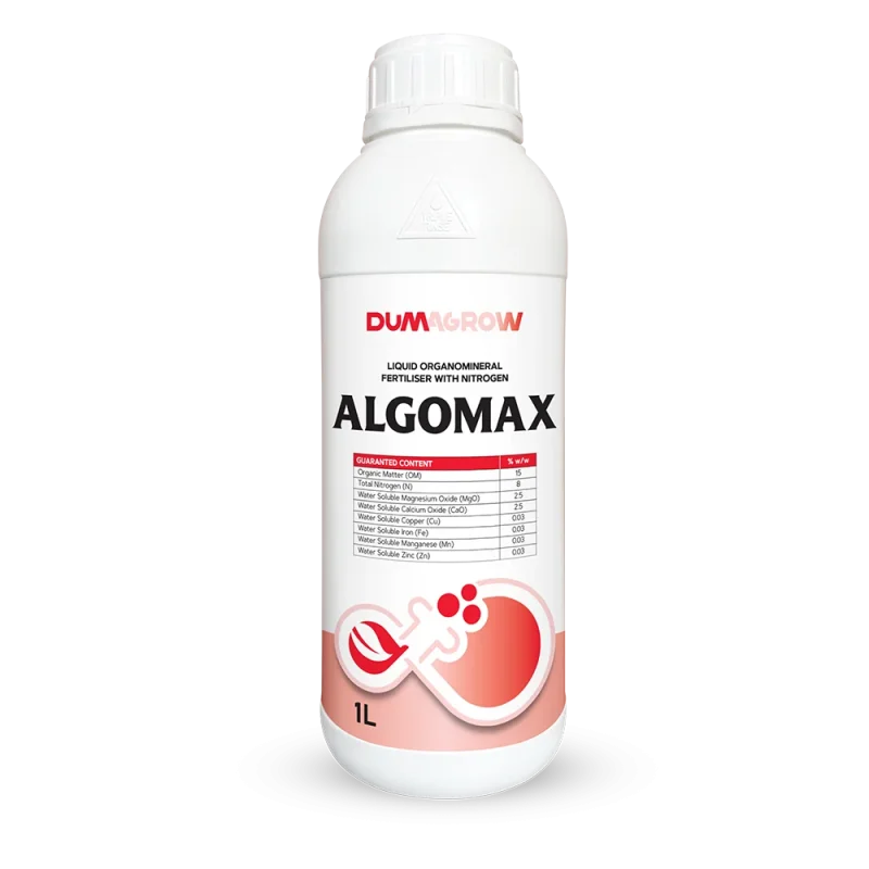 Algomax 1L liquid organomineral fertilizer with nitrogen, humic acids and essential micronutrients.