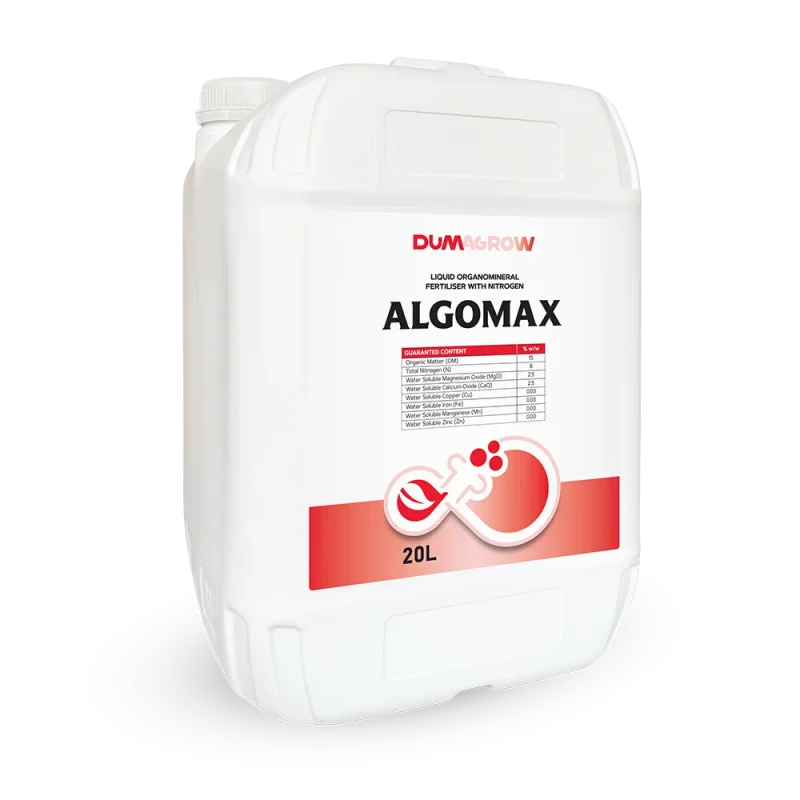 Algomax 20L liquid organomineral fertilizer with nitrogen, humic acids and essential micronutrients.