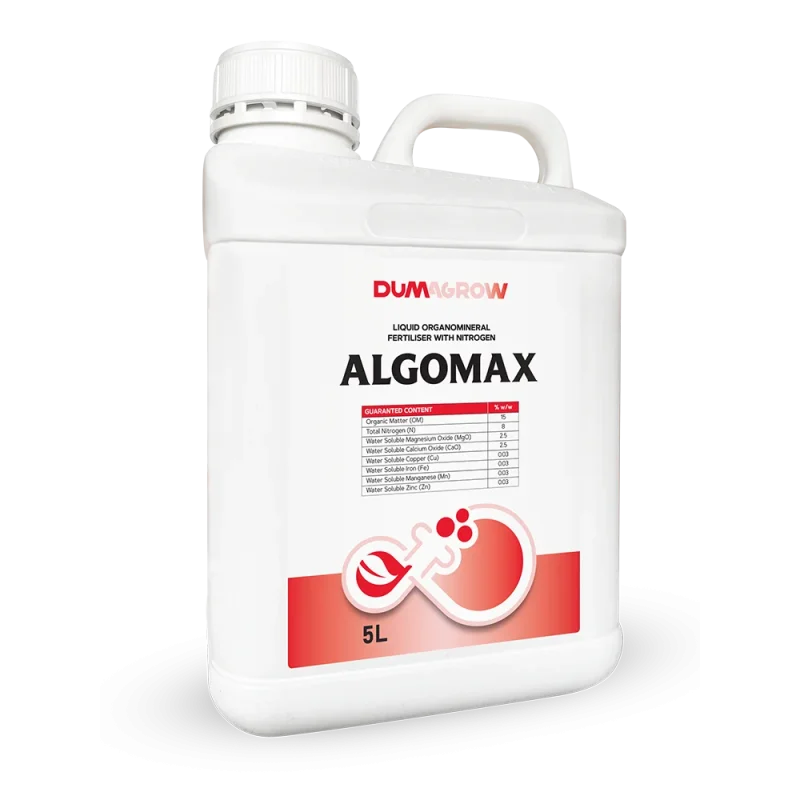 Algomax 5L liquid organomineral fertilizer with nitrogen, humic acids and essential micronutrients.