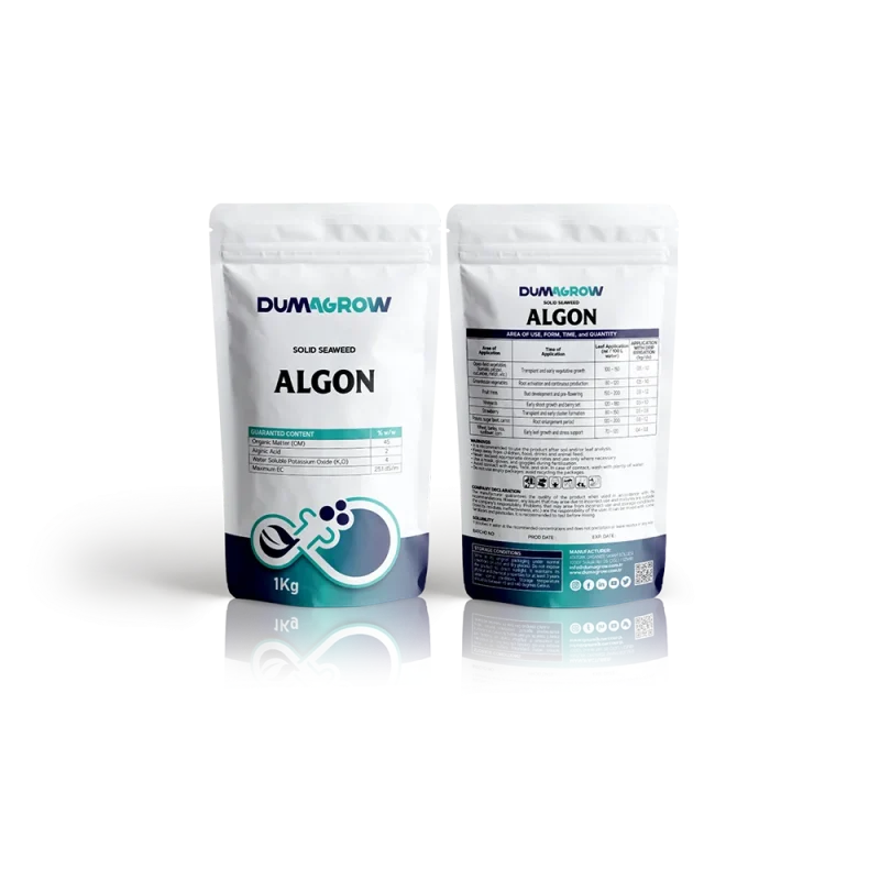 Algon solid seaweed powdered organic fertilizer with alginic acid and potassium for plant growth and stress resistance.