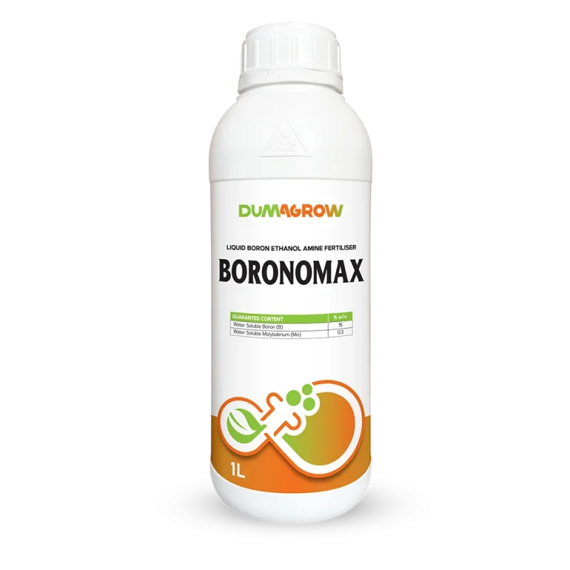Boronomax 1L liquid boron ethanol amine fertilizer with boron and molybdenum for flowering and fruit set.