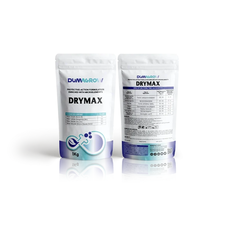 Drymax powdered protective-action fertilizer with boron, manganese, zinc and silicon for plant growth.