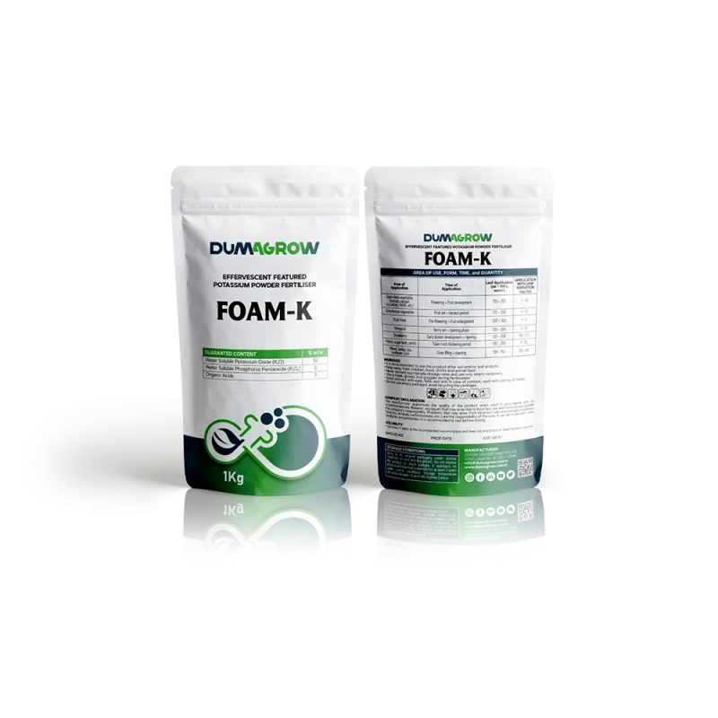Foam-K effervescent potassium powder fertilizer with potassium, phosphorus and organic acids for flowering and fruit development.
