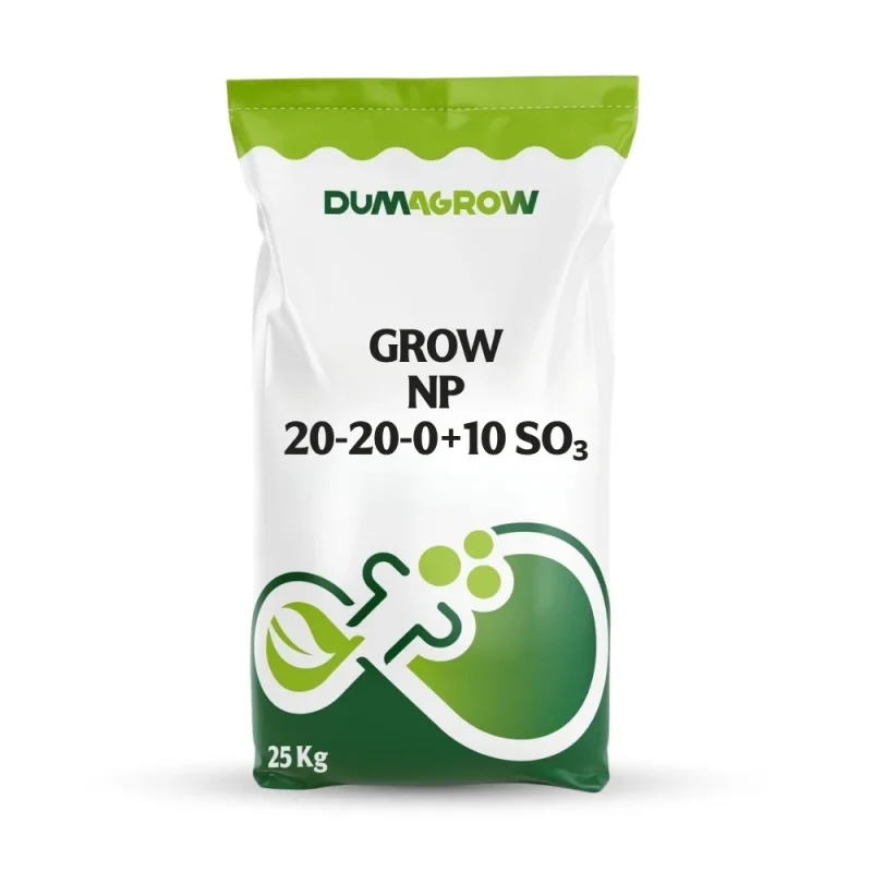 Grow NP 20-20-0+10 SO3 granule fertilizer with nitrogen, phosphorus and sulfur for plant nutrition.