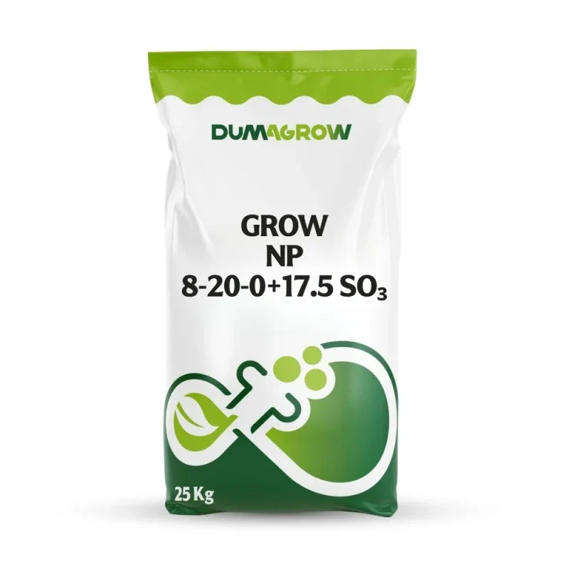 Grow NP 8-20-0+17.5 SO₃ granule fertilizer with nitrogen, phosphorus and sulfur for plant nutrition.