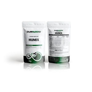 Humix powdered humic acid fertilizer with organic matter and potassium for soil structure and root development.
