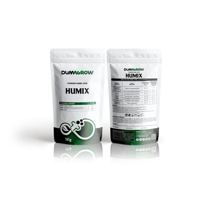 Humix powdered humic acid fertilizer with organic matter and potassium for soil structure and root development.