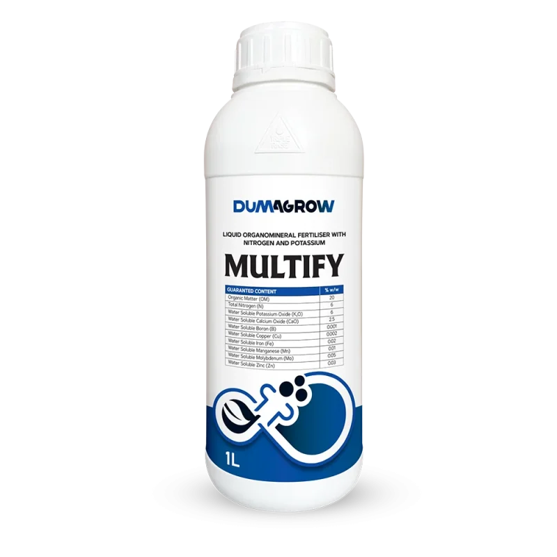 Multify 1L liquid organomineral fertilizer with nitrogen, potassium, calcium and micronutrients.