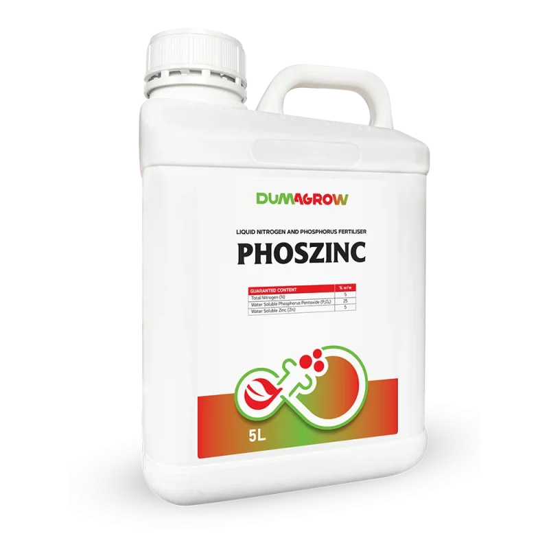 Phoszinc 5L liquid nitrogen and phosphorus fertilizer with zinc for plant growth, flowering and root development.