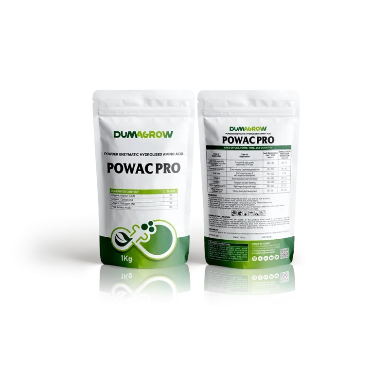 Powac Pro powdered enzymatic hydrolysed amino acid fertilizer with high free amino acid content for plant growth.