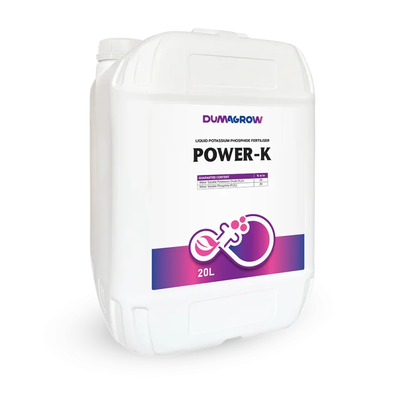Power-K 20L liquid potassium phosphide fertilizer with potassium and phosphorus for flowering and fruit development.