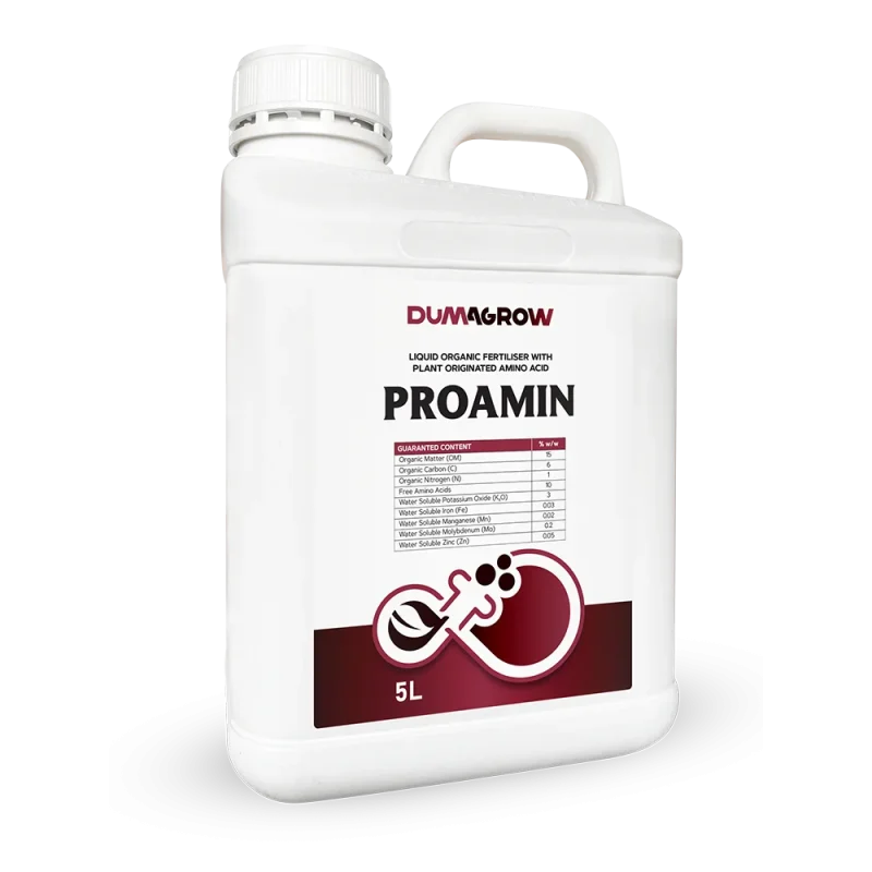 Proamin 5L liquid organic fertilizer with plant-originated amino acids and essential nutrients.