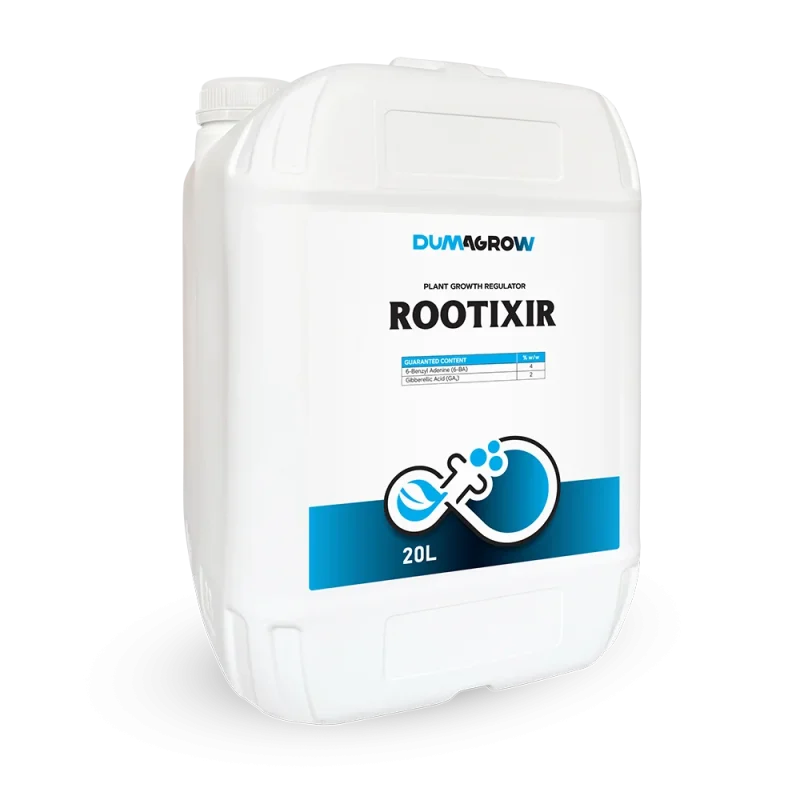 Rootixir 20L plant growth regulator with 6-BA and gibberellic acid for flowering and fruit set.