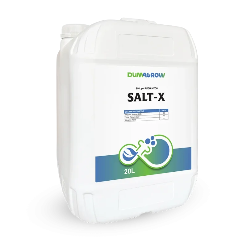 Salt-X 20L soil pH regulator with organic matter, calcium and organic acids for soil salinity management.