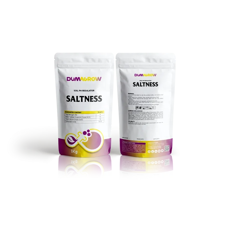 Saltness powdered soil pH regulator with nitrogen, potassium, calcium and carboxylic acids for plant growth.